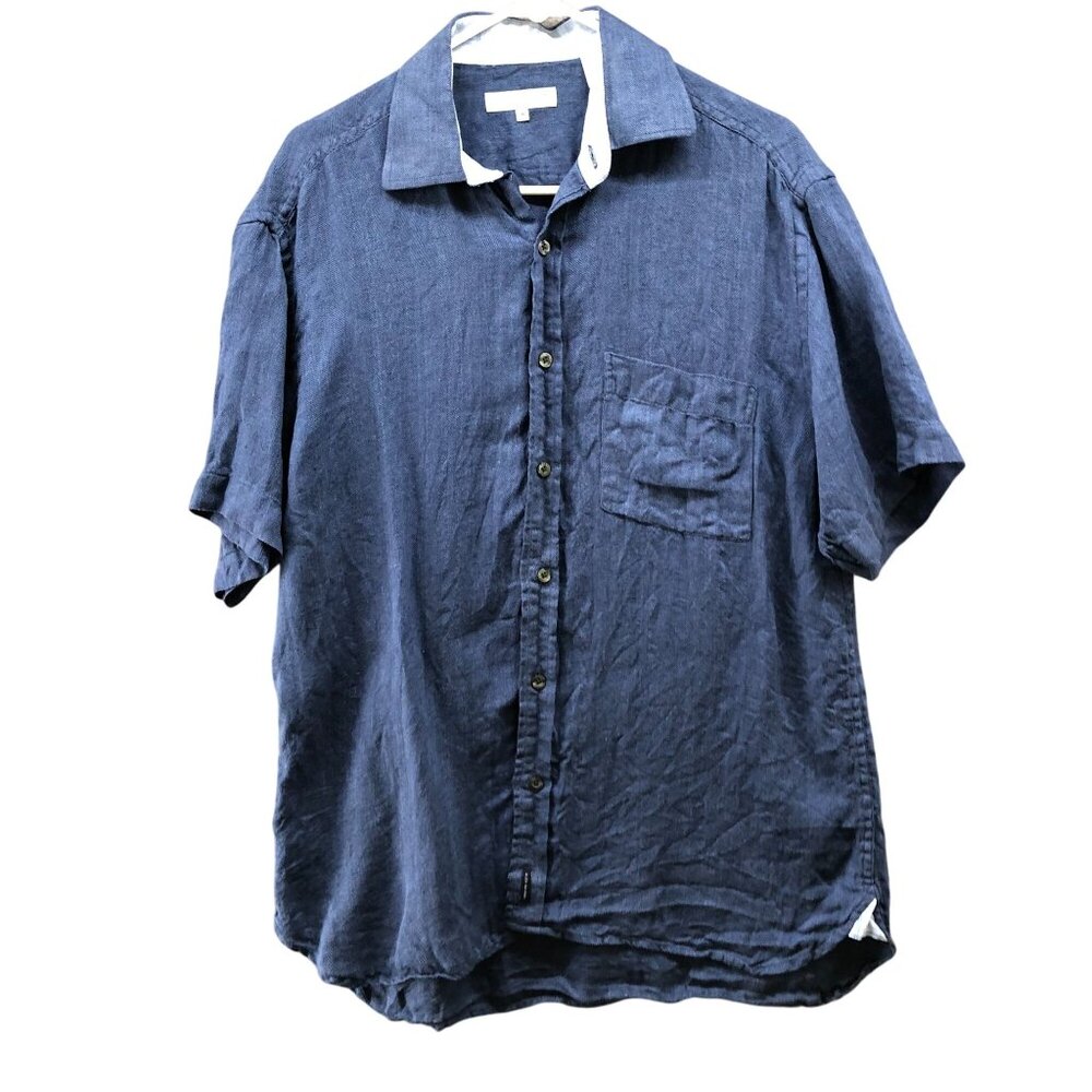 Alex‎ Cannon 100% Linen Shirt Mens M Blue Short Sleeve Button Up Pocket Front